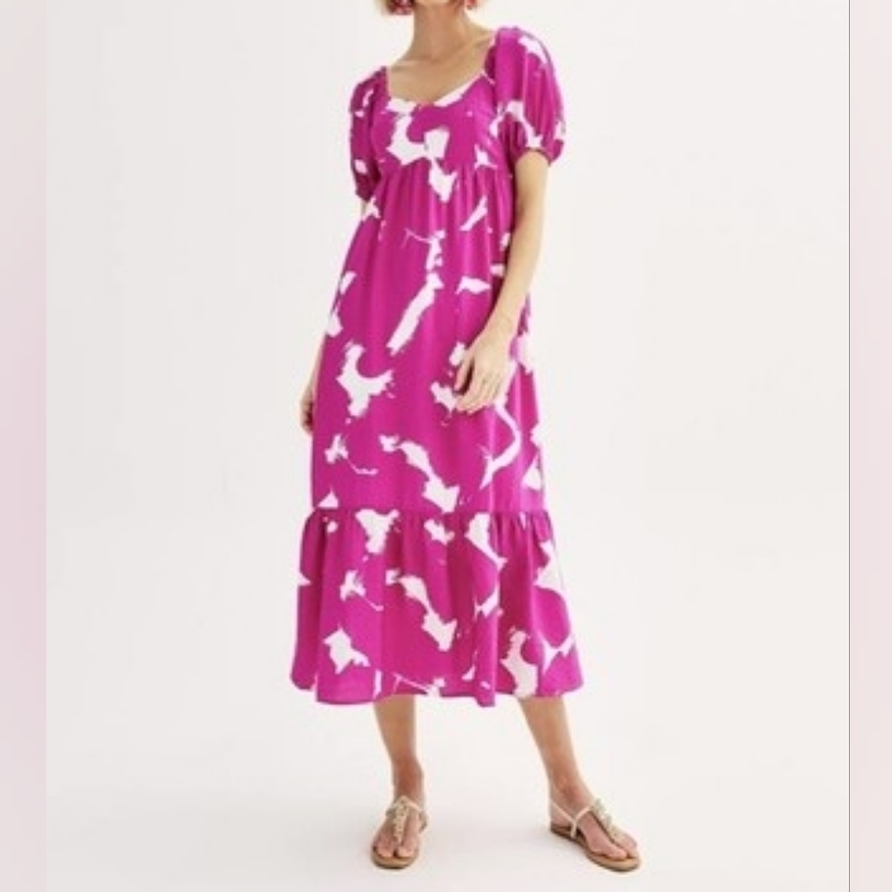 Nine West Fuchsia and White Puff-Sleeve Maxi Dress